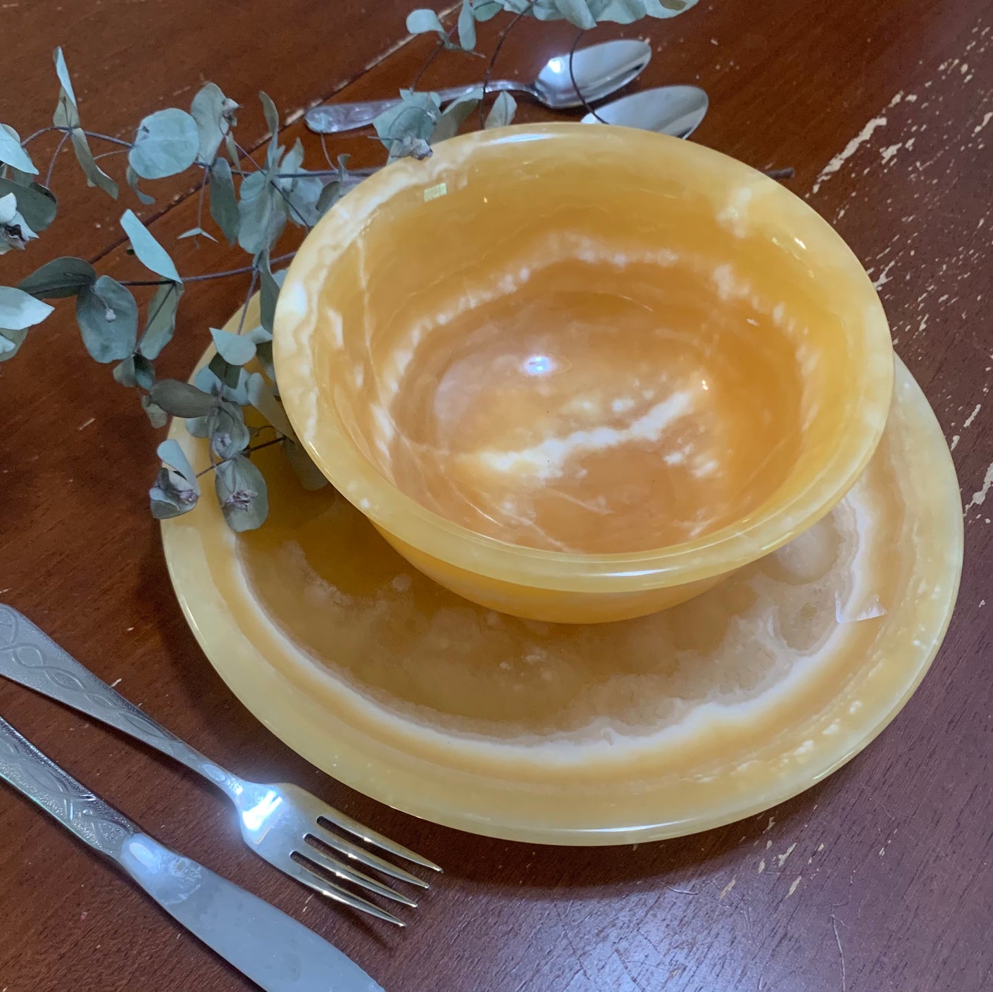 Yellow Calcite Bowls and Plate