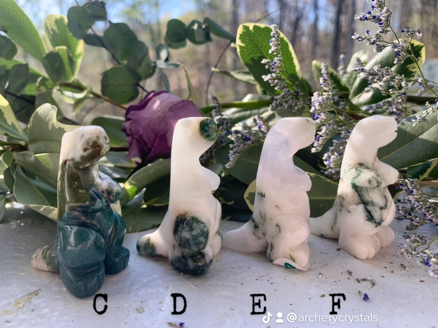 Dinosaur Carvings - Moss Agate and Clear Quartz