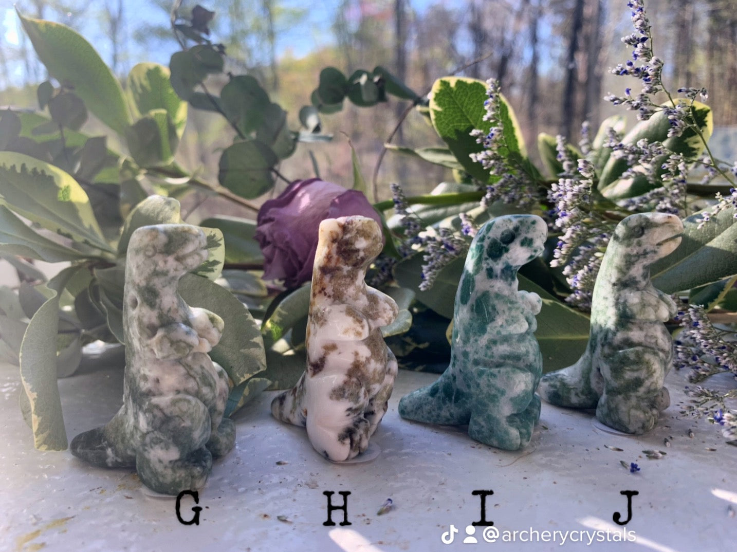 Dinosaur Carvings - Moss Agate and Clear Quartz