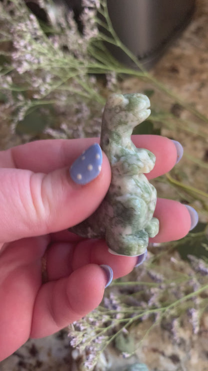 Dinosaur Carvings - Moss Agate and Clear Quartz
